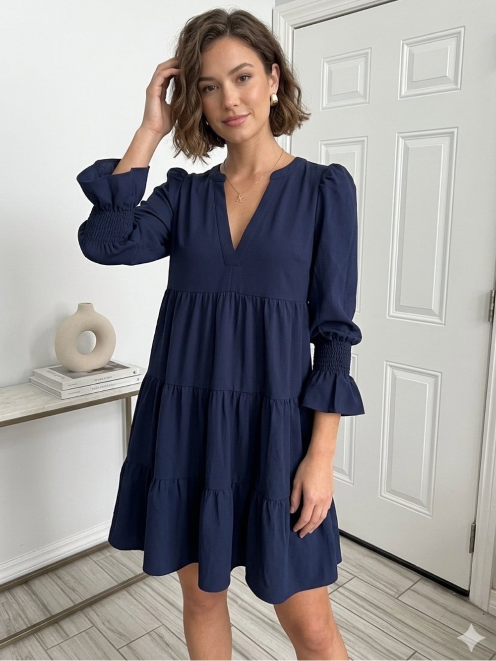 Tuckernuck Pomander Place Kenzo Dress Womens Size S Navy Tiered Babydoll Mini